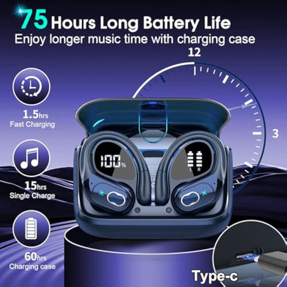 Wireless Earbuds 75hrs Bluetooth 5.4 Headphone Sport, 2025 Bluetooth Earbuds Stereo Deep Bass Over Ear Bud with Earhooks, ENC Noise Cancelling Mic, IPX7 Waterproof Earphone, Royal Blue