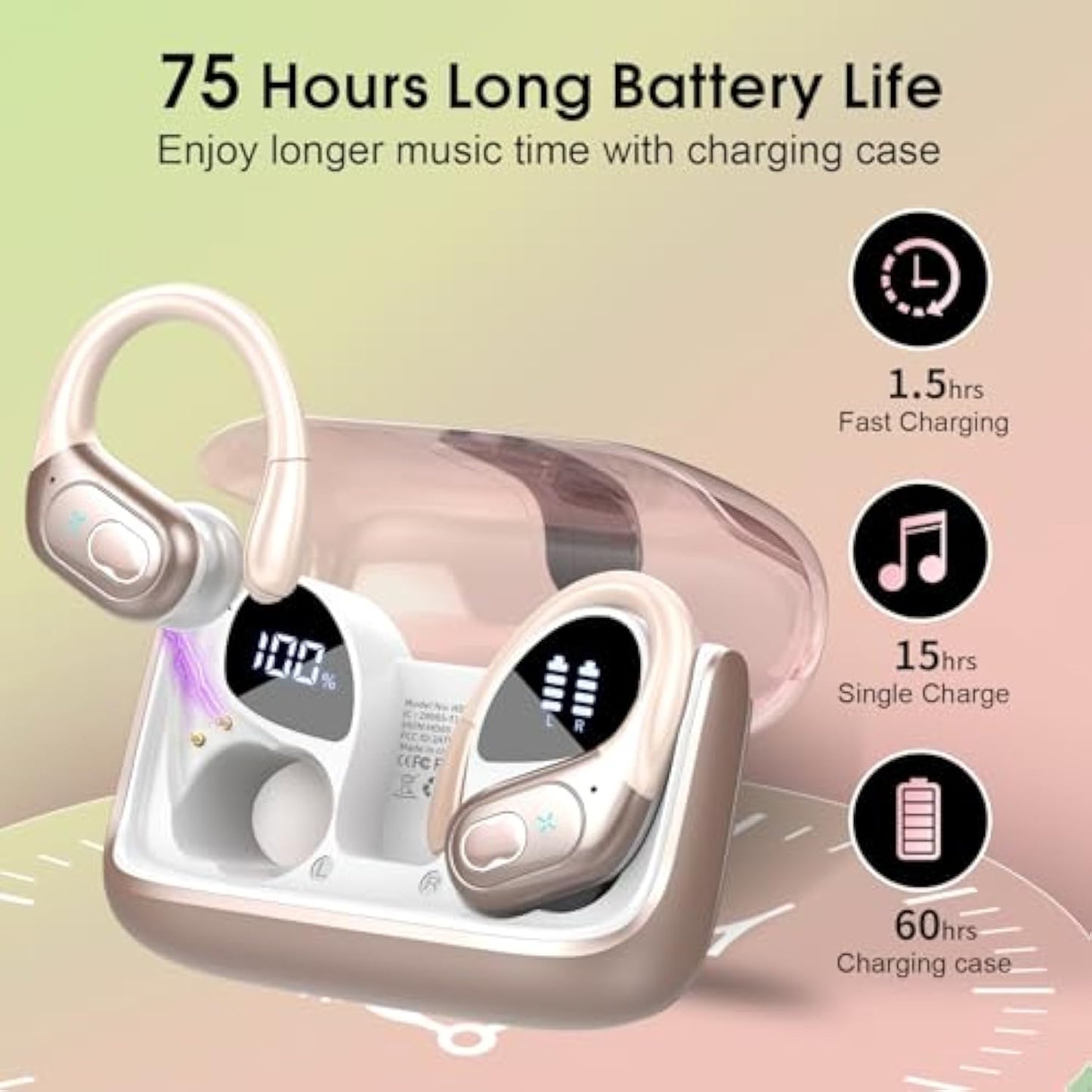 Wireless Earbuds 75hrs Bluetooth 5.4 Headphone Sport, 2025 Bluetooth Earbuds Stereo Deep Bass Over Ear Bud with Earhooks, ENC Noise Cancelling Mic, IPX7 Waterproof Earphone Rose Gold