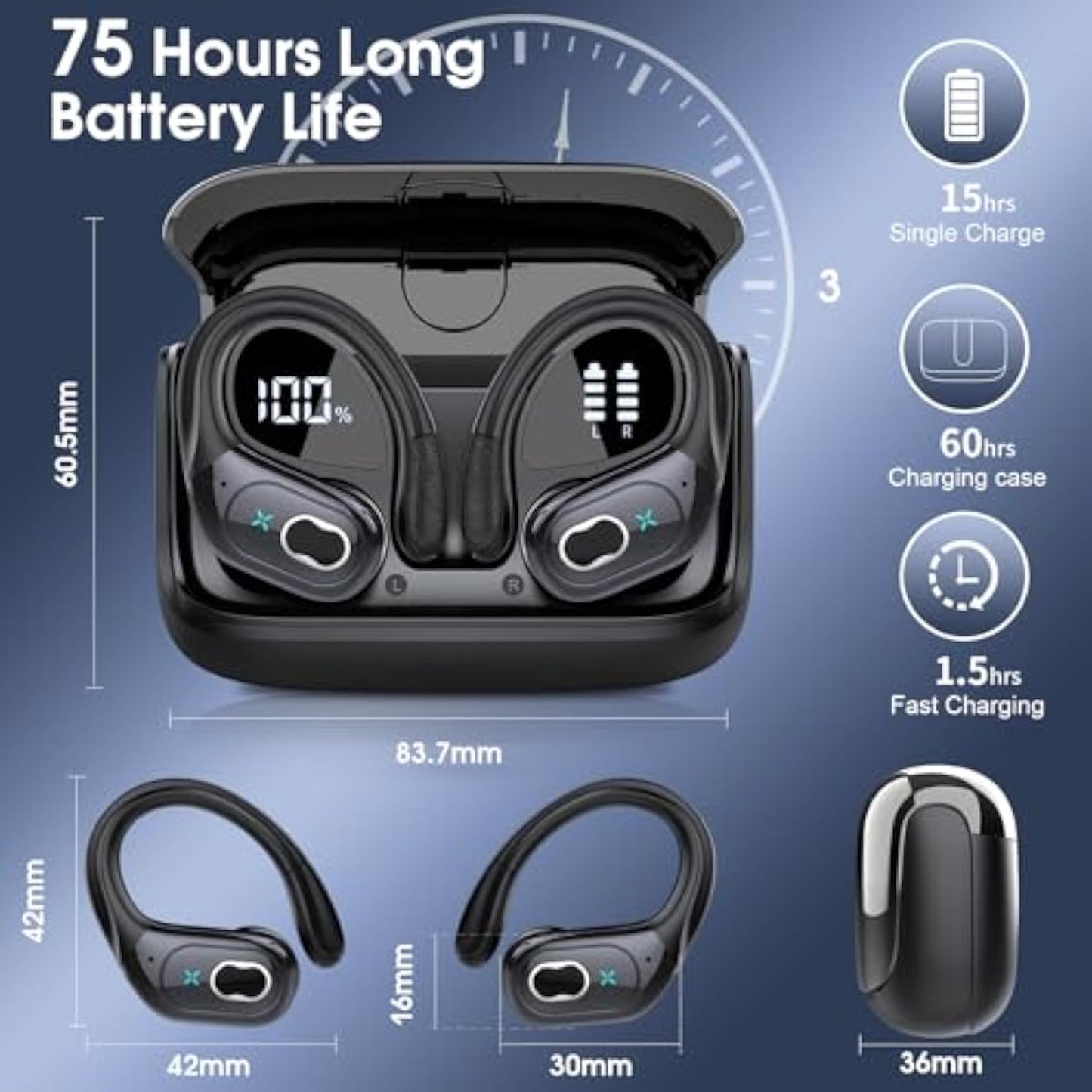 Wireless Earbuds 75hrs Bluetooth 5.4 Headphone Sport, 2025 Bluetooth Earbuds Stereo Deep Bass Over Ear Bud with Earhooks, ENC Noise Cancelling Mic, IPX7 Waterproof Earphone for Workout/Running