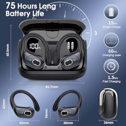 Wireless Earbuds 75hrs Bluetooth 5.4 Headphone Sport, 2025 Bluetooth Earbuds Stereo Deep Bass Over Ear Bud with Earhooks, ENC Noise Cancelling Mic, IPX7 Waterproof Earphone for Workout/Running