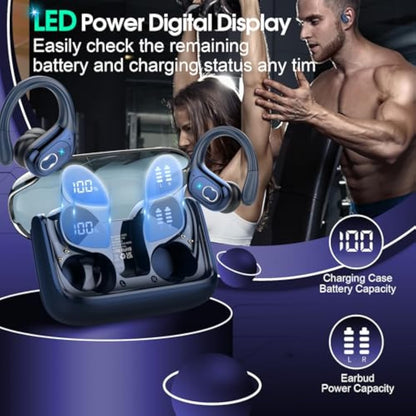 Wireless Earbuds 75hrs Bluetooth 5.4 Headphone Sport, 2025 Bluetooth Earbuds Stereo Deep Bass Over Ear Bud with Earhooks, ENC Noise Cancelling Mic, IPX7 Waterproof Earphone, Royal Blue