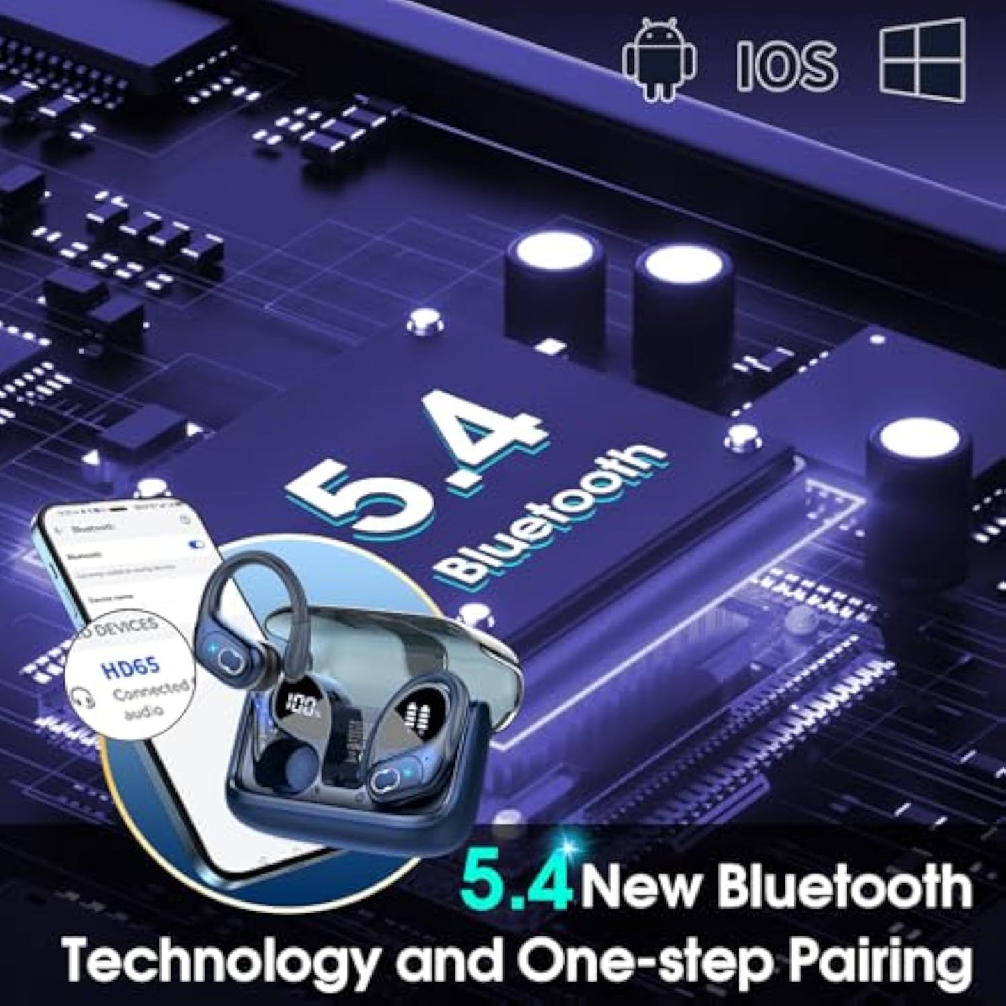 Wireless Earbuds 75hrs Bluetooth 5.4 Headphone Sport, 2025 Bluetooth Earbuds Stereo Deep Bass Over Ear Bud with Earhooks, ENC Noise Cancelling Mic, IPX7 Waterproof Earphone, Royal Blue