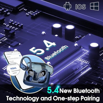 Wireless Earbuds 75hrs Bluetooth 5.4 Headphone Sport, 2025 Bluetooth Earbuds Stereo Deep Bass Over Ear Bud with Earhooks, ENC Noise Cancelling Mic, IPX7 Waterproof Earphone, Royal Blue