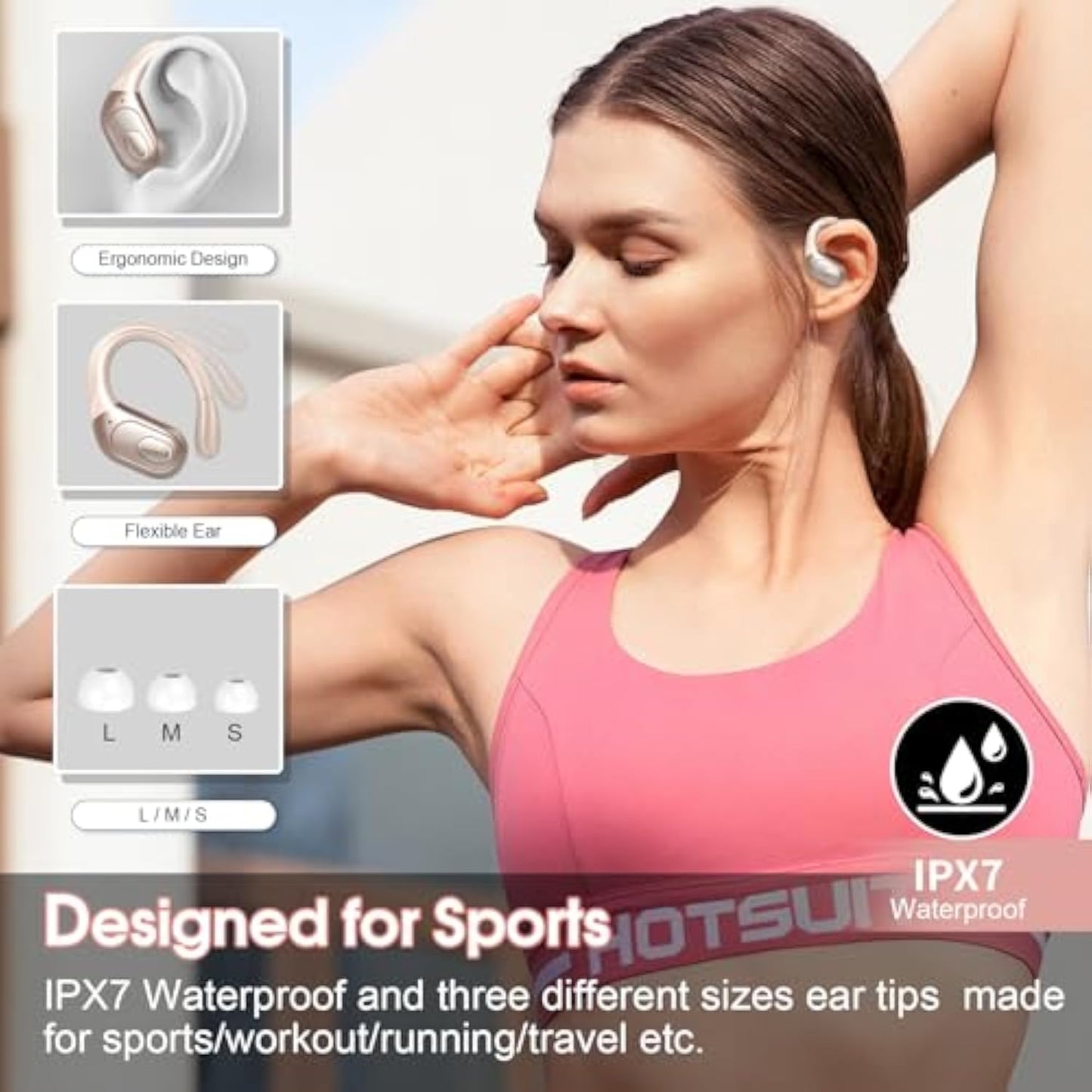 Wireless Earbuds 75hrs Bluetooth 5.4 Headphone Sport, 2025 Bluetooth Earbuds Stereo Deep Bass Over Ear Bud with Earhooks, ENC Noise Cancelling Mic, IPX7 Waterproof Earphone Rose Gold